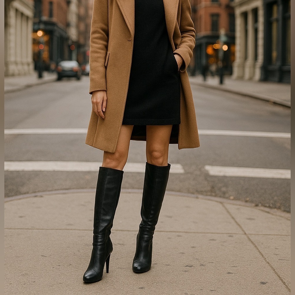 Max Studio Black Leather High Heel Knee Boots – Size 7.5M
